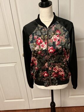 Women's Floral Satin Bomber Jacket - Black with Pink Floral